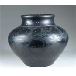 BLACK ON BLACK INDIAN POTTERY VASE, SIGNED.