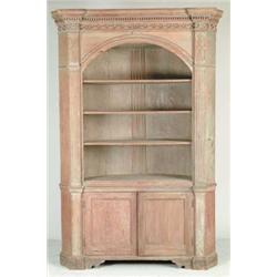 OUTSTANDING EARLY BARREL BACK PINE ARCHITECTURAL CORNER CUPBOARD.