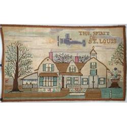 HOOKED RUG WITH LARGE HOUSE AND PLANE “THE SPIRIT OF ST, LOUIS”.