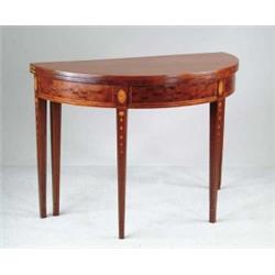 FINE HEPPLEWHITE INLAID MAHOGANY DEMILUNE CARD TABLE. 