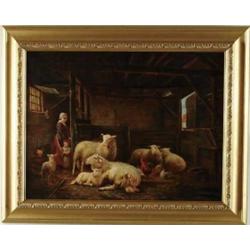 ATTRIBUTED TO SUSAN CATHERINE MOORE WATERS (American, 1823-1900) BARN INTERIOR WITH SHEEP AND FIGURE