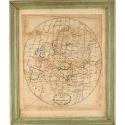 FRAMED NEEDLEWORK MAP OF EUROPE BY HANNAH PHELPS 1801.