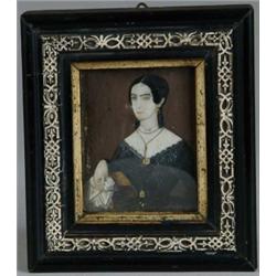 UNSIGNED (19th Century) MINIATURE ON IVORY PORTRAIT OF WOMAN WITH HANDKERCHIEF.