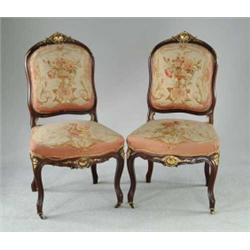 OUTSTANDING PAIR OF ROSEWOOD AND GILT TAPESTRY COVERED FRENCH SIDE CHAIRS.