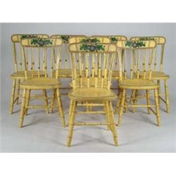 SET OF EIGHT NEW ENGLAND MUSTARD PAINTED DECORATED WINDSOR CHAIRS.