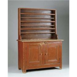 TWO PIECE STEPBACK CUPBOARD IN RED PAINT.