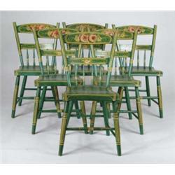 SET OF SIX ORIGINAL GREEN PAINTED WINDSOR CHAIRS.