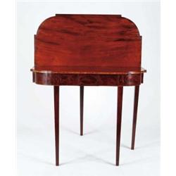 HEPPLEWHITE MAHOGANY INLAID SHAPED TOP CARD TABLE.