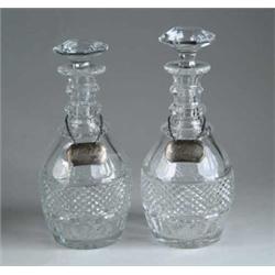 FINE PAIR OF THREE RING CUT LIQUOR DECANTERS.