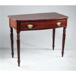 ONE DRAWER MAHOGANY BOWFRONT DRESSING TABLE.