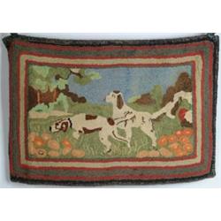 SMALL RECTANGULAR HOOKED RUG WITH BIRD DOGS.