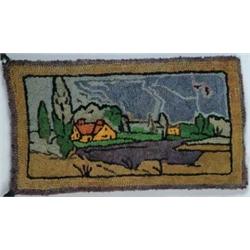 HOOKED RUG WITH HOUSES AND LANDSCAPE.