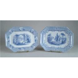 TWO STAFFORDSHIRE BLUE AND WHITE IRONSTONE PLATTERS.
