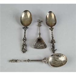 FIVE FANCY CONTINENTAL SPOONS.