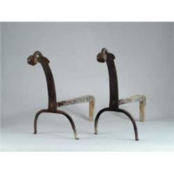 PAIR OF GOOSE NECK IRON ANDIRONS.
