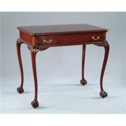 MAHOGANY BALL AND CLAW FOOT ONE DRAWER TABLE.