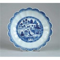 FINE DEEP BLUE CANTON SCALLOPED AND RIBBED LOW BOWL.