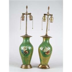 PAIR OF INTERESTING FLORAL DECORATED VASE LAMPS.
