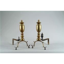 PAIR OF STYLIZED URN FORM BRASS ANDIRONS.