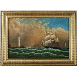 UNSIGNED (American, Late 19th Century) SHIPS AND LIGHTHOUSE.