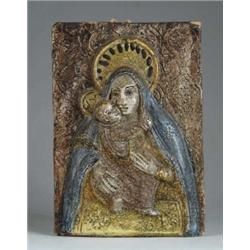 NICE POTTERY TILE WITH MADONNA AND CHILD.