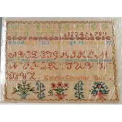 UNFRAMED SAMPLER BY EMMA COUSINS, 1865.