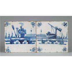 TWO BLUE AND WHITE DELFT TILES.