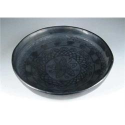 BLACK ON BLACK POTTERY SHALLOW BOWL.