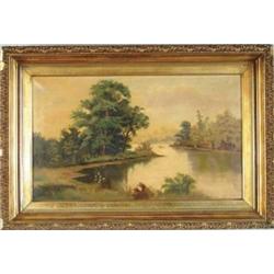 UNSIGNED (American, 19th Century) LANDSCAPE WITH WATER AND ROWBOAT.