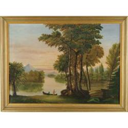 UNSIGNED (American, 19th Century) LANDSCAPE WITH INDIANS AND CANOE.