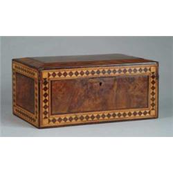 FANCY BURL WALNUT AND PARQUETRY INLAID DEEDS BOX.