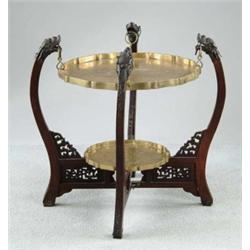 ORIENTAL CARVED WOOD AND BRASS TRAY STAND.