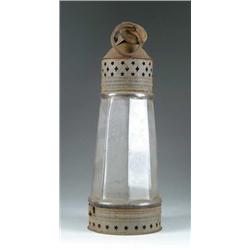 EARLY LIGHTHOUSE SHAPED TIN AND GLASS LANTERN.