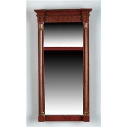 MAHOGANY SHERATON TWO-PART MIRROR WITH LABEL.