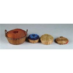 FOUR BASKETRY SHAKER PIN CUSHIONS.