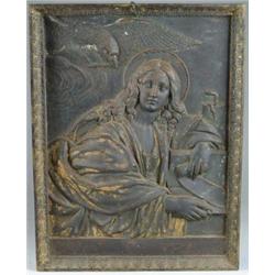 CAST IRON PLAQUE WITH EAGLE AND WOMAN.