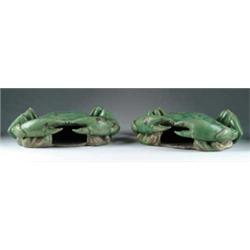 PAIR OF ORIENTAL CRAB FORM POTTERY WALL POCKETS.
