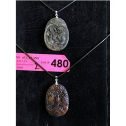 2 Carved Brown Jade Pendants - 2 Inches