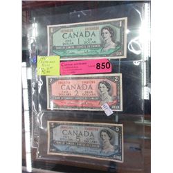 Three 1954 Canadian Bank Notes - $1, $2, and $5