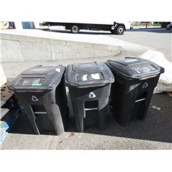 Three 48 Gallon Rolling Garbage Bins