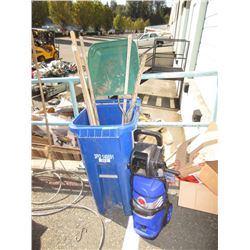 Bin of Garden Tools & Pressure Washer