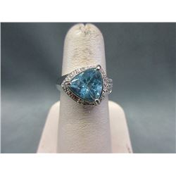 Huge Blue Topaz & Diamond Sterling Silver Ring