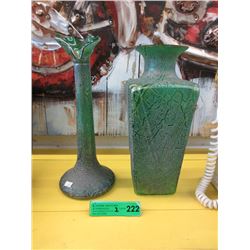 Two 14” Tiffany Style Green Glass Vases