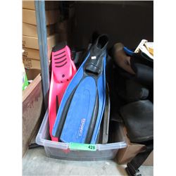 Tote of Assorted Scuba Flippers