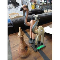 2 Wood Camel Statues & Wood Decanter