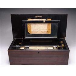 SIX TUNE SWISS MUSIC BOX IN INLAID ROSEWOOD CASE.