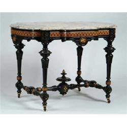 INLAID MARBLE TOP EBONIZED CENTER TABLE ATTRIBUTED TO HERTER BROS.