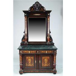 OUTSTANDING MARQUETRY INLAID AND EBONIZED ROSEWOOD CHEST WITH MIRROR ATTRIBUTED TO HERTER BROS.