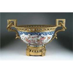 OUTSTANDING BRONZE MOUNTED ORIENTAL STYLE PORCELAIN BOWL.
