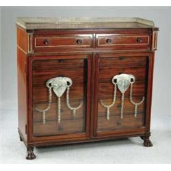 INTERESTING MULTI-DRAWER CABINET WITH ETCHED GLASS DOORS.
